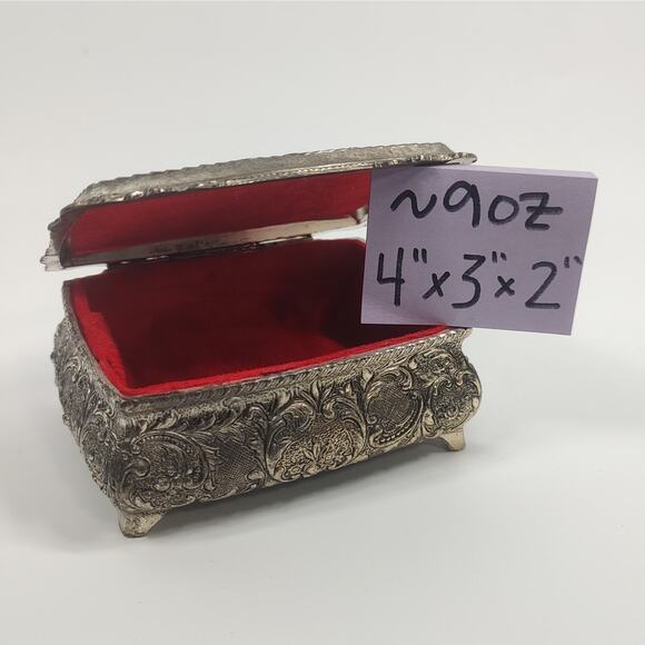 VTG Japanese Silver Trinket Jewelry Ring Box Footed Embossed Metal Lidded Lined - Picture 10 of 12